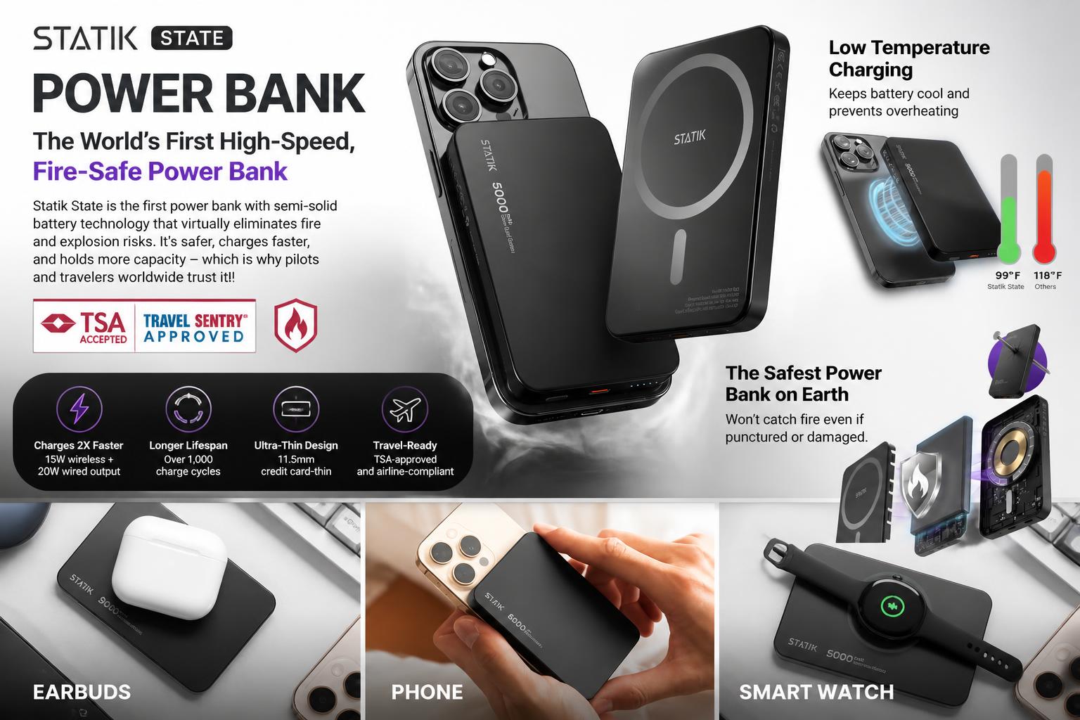 Infographic comparing Statik State power bank's features and benefits with compatible devices